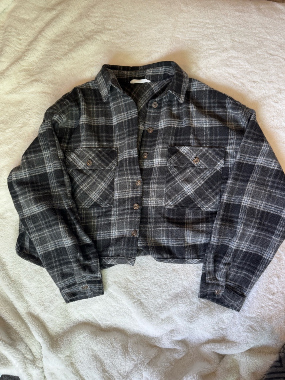 TALULAH Black and Gray Crop Plaid Wool Blend Shirt